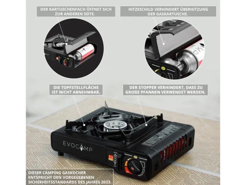 EVOCAMP Campingzubehör|Camping Gaskocher 1-Flammig mit Feuerfester Unterlage und Tragekoffer Outdoor