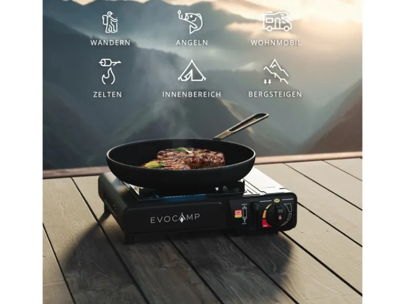 EVOCAMP Campingzubehör|Camping Gaskocher 1-Flammig mit Feuerfester Unterlage und Tragekoffer Outdoor