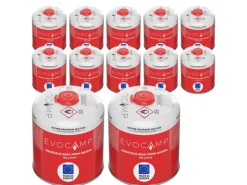 EVOCAMP Campingzubehör|Propan Butan 12 Stück Gaskartusche 450g Schraubkartusche Eurogewinde Sicherheitsverschluss für Campingkocher