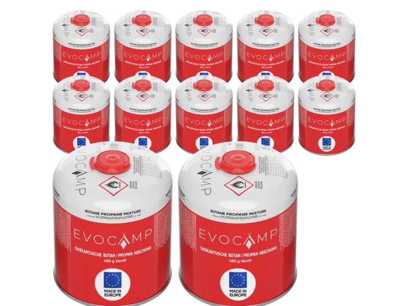 EVOCAMP Campingzubehör|Propan Butan 12 Stück Gaskartusche 450g Schraubkartusche Eurogewinde Sicherheitsverschluss für Campingkocher