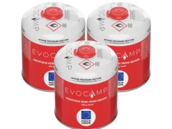 EVOCAMP Campingzubehör|Propan Butan 3 Stück Gaskartusche 450g Schraubkartusche Eurogewinde Sicherheitsverschluss für Campingkocher