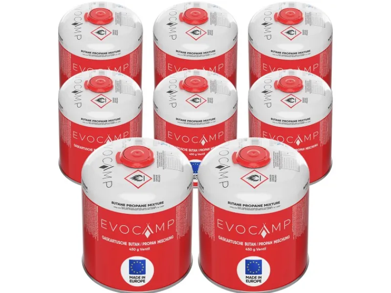 EVOCAMP Wassersport|Propan Butan 8 Stück Gaskartusche 450g Schraubkartusche Eurogewinde Sicherheitsverschluss für Campingkocher