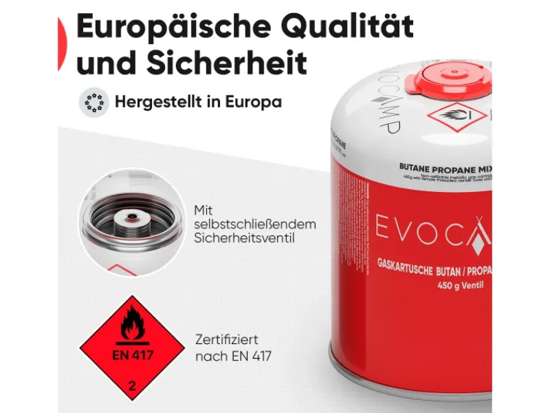 EVOCAMP Wassersport|Propan Butan 8 Stück Gaskartusche 450g Schraubkartusche Eurogewinde Sicherheitsverschluss für Campingkocher