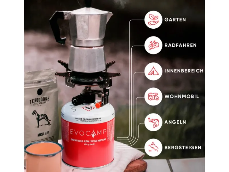EVOCAMP Wassersport|Propan Butan 8 Stück Gaskartusche 450g Schraubkartusche Eurogewinde Sicherheitsverschluss für Campingkocher