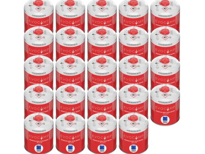 EVOCAMP Campingzubehör|Propan Butan 24 Stück Gaskartusche 450g Schraubkartusche Eurogewinde Sicherheitsverschluss für Campingkocher