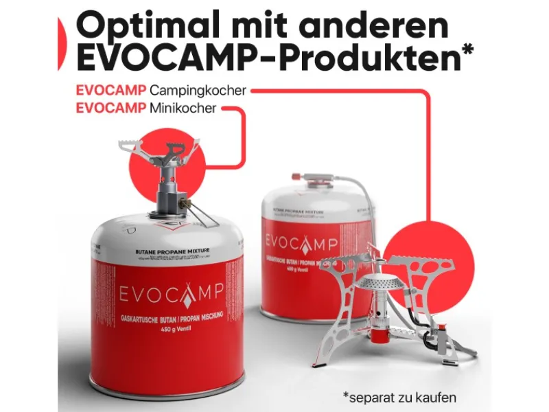 EVOCAMP Campingzubehör|Propan Butan 24 Stück Gaskartusche 450g Schraubkartusche Eurogewinde Sicherheitsverschluss für Campingkocher