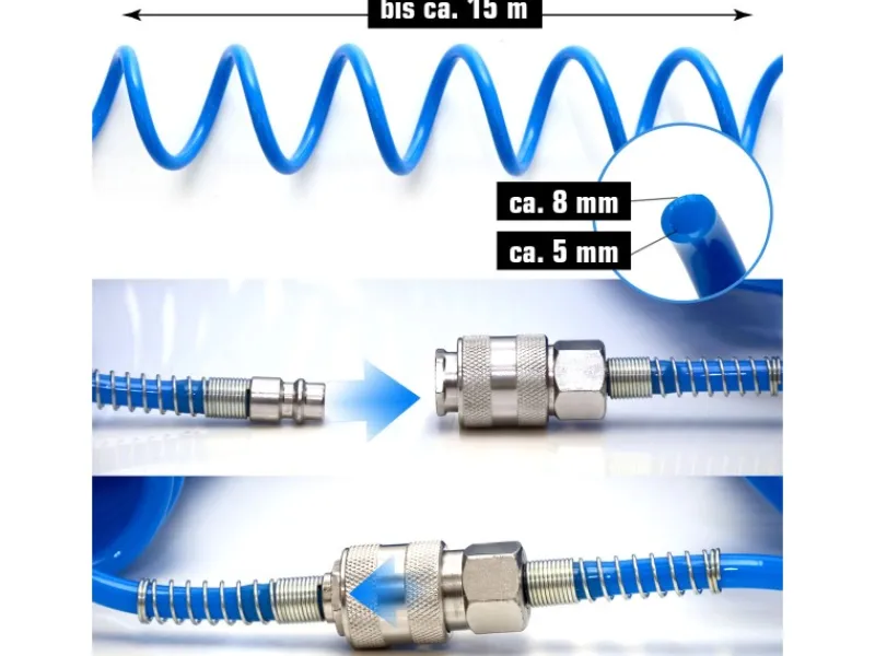 eyepower Schlauch Kupplungen|15 m Druckluftschlauch 1/4" Spiralförmig 10 Bar in Blau