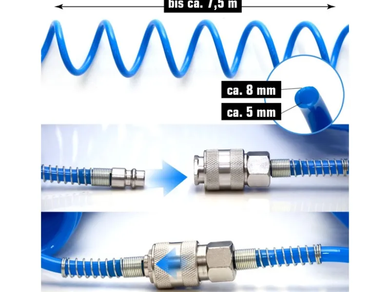 eyepower Schlauch Kupplungen|7.5 m Druckluftschlauch 1/4" Spiralförmig 10 Bar in Blau