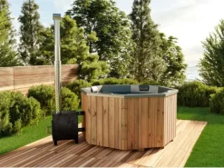 FinnTherm Outdoor Whirlpools|Badefass Kopenhagen Thermoholz 180x180 cm 6 Pers. Außeno. 27 kW Grau