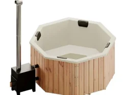 FinnTherm Outdoor Whirlpools|Badefass Kopenhagen Thermoholz 180x180 cm 6 Pers. Außeno. 27 kW Weiß