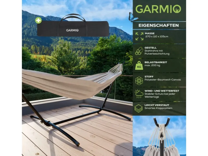 Garmio Sonnenliegen|Hängematte Venedig Beige Gestell 200Kg Tragetasche Wetterfest