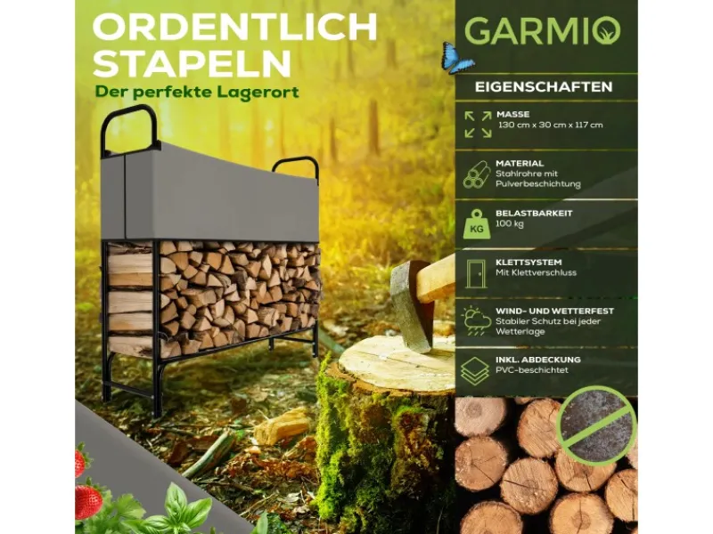 Kaminholzregal Metall Holzunterstand Abdeckung Stapelhilfe 130x30x117cm*Garmio Best