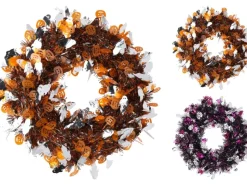 Weitere Anlässe|Glitzernder Halloween-Kranz 38 cm x 38 cm orange/silber und lila/silber