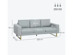 3 Sitzer Sofa für Schlafzimmer 200 x 82 x 78 cm Hellgrau*HOMCOM Sale