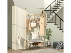 HOMCOM Sitzkissen|Garderobe mit Schuhbank Bambus Naturholz 73,5L x 34B x 171H cm