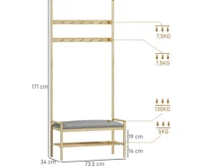 HOMCOM Sitzkissen|Garderobe mit Schuhbank Bambus Naturholz 73,5L x 34B x 171H cm