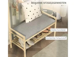 HOMCOM Sitzkissen|Garderobe mit Schuhbank Bambus Naturholz 73,5L x 34B x 171H cm
