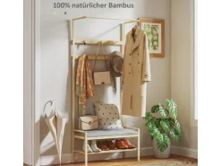 HOMCOM Sitzkissen|Garderobe mit Schuhbank Bambus Naturholz 73,5L x 34B x 171H cm