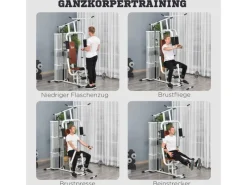 HOMCOM Fitnessgeräte|Kraftstation mit Stahlnetz Latzug Metall Kunstleder Weiß 150x110x210cm