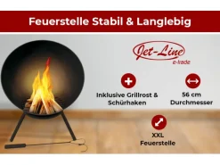 Jet-Line Gartenkamine|Feuerkörbe|Feuerschale Navaro in Schwarz Inklusive Schürhaken und Brennholzrost