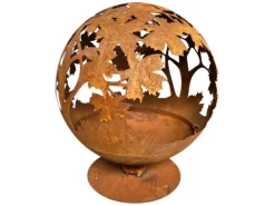 Feuerstelle World in Rostoptik Ø 58cm in Kugelform mit Blattmotiv*Jet-Line Clearance