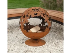 Feuerstelle World in Rostoptik Ø 58cm in Kugelform mit Blattmotiv*Jet-Line Clearance