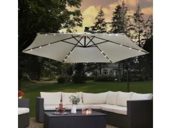 Ampelschirm Brazil Ø 3,0m mit LED, Kurbel und Standfuß in Dunkelgrau und Creme*Juskys Hot