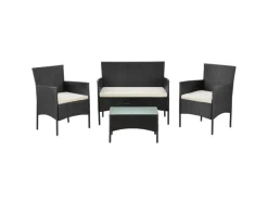 Juskys Gartenmöbel-Sets|Lounge-Gartenmöbel|Polyrattan Gartenmöbel Sitzgruppe Fort Myers Schwarz und Cremeweiße Bezüge