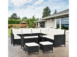 Polyrattan Gartenmöbel Lounge Manacor Schwarz mit Bezügen in Creme*Juskys Outlet