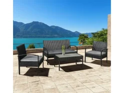 Juskys Gartenmöbel-Sets|Lounge-Gartenmöbel|Polyrattan Gartenmöbel Sitzgruppe Trinidad Schwarz mit Dunkelgrauen Bezügen