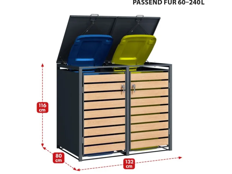 Mülltonnenbox Johan Edelstahlrahmen und Holzdekor 132 x 80 x 116 cm 2 Türen*Karat Outlet