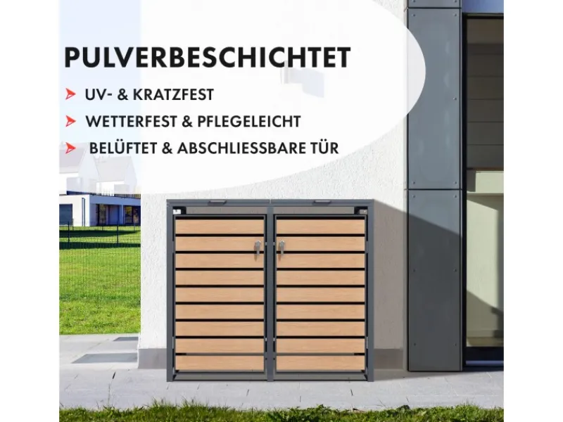 Mülltonnenbox Johan Edelstahlrahmen und Holzdekor 132 x 80 x 116 cm 2 Türen*Karat Outlet