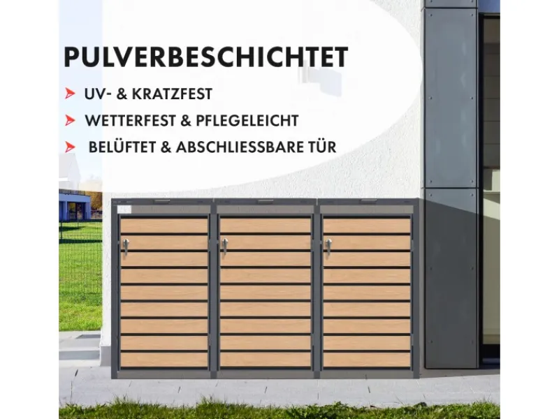 Mülltonnenbox Johan Edelstahlrahmen und Holzdekor 198,5 x 80 x 116 cm 3 Türen*Karat Outlet