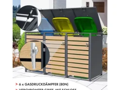 Mülltonnenbox Johan Edelstahlrahmen und Holzdekor 198,5 x 80 x 116 cm 3 Türen*Karat Outlet