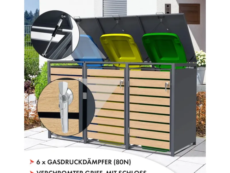 Mülltonnenbox Johan Edelstahlrahmen und Holzdekor 198,5 x 80 x 116 cm 3 Türen*Karat Outlet