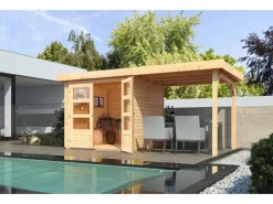 Kinder Karibu Kinder-Gartengeräte|Express Gartenhaus Speedy A Set Naturbelassen 433 cm x 217 cm Anbaudach