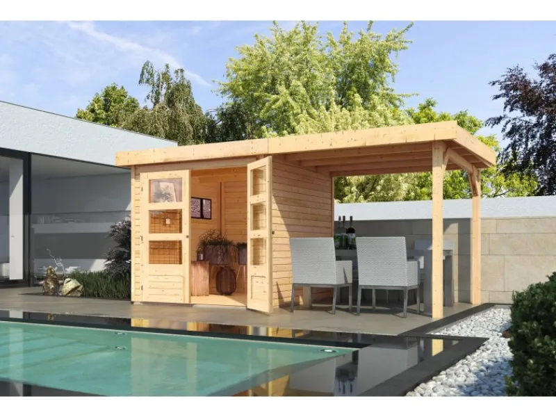 Kinder Karibu Kinder-Gartengeräte|Express Gartenhaus Speedy A Set Naturbelassen 433 cm x 217 cm Anbaudach