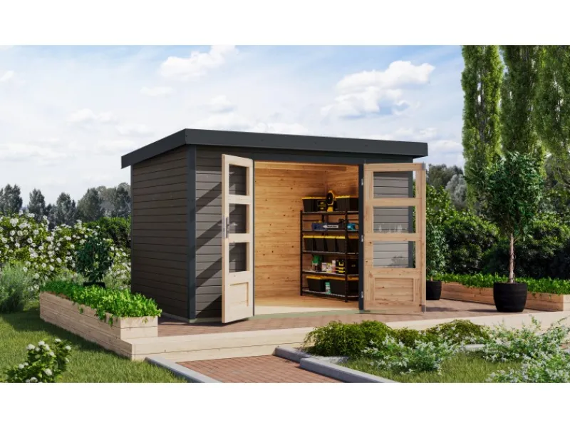 Kinder Karibu Kinder-Gartengeräte|Gartenhaus Diego 4 B Terragrau/Anthrazit 209 x 298 x 213 cm