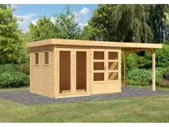 Kinder Karibu Kinder-Gartengeräte|Gartenhaus Maradi 5 m. Anbaudach Naturbelassen 211 x 298 x 242 cm