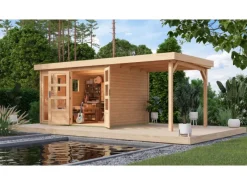 Kinder Karibu Kinder-Gartengeräte|Gartenhaus Maradi 5 m. Anbaudach Naturbelassen 211 x 298 x 242 cm