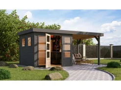 Gartenhaus Maradi 3,5 Rundum m. Anbaudach Terragrau 211 x 238 x 242 cm*Karibu Best