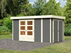 Kinder Karibu Kinder-Gartengeräte|Laubbläser|Gartenhaus Set Retola 6 Terragrau mit Anbauschrank 9,03 m²