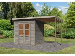 Kinder Karibu Kinder-Gartengeräte|Gartenschränke|Gartenhaus Vellinge 3 m. Anbaudach Vorvergraut 219 x 208 x 150 cm