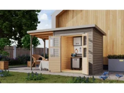 Kinder Karibu Kinder-Gartengeräte|Gartenschränke|Gartenhaus Vellinge 3 m. Anbaudach Vorvergraut 219 x 208 x 150 cm
