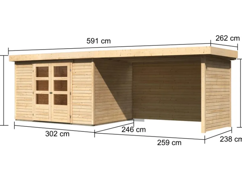 Karibu Gartenlauben|Holz-Gartenhaus Boras Natur Flachdach Unbehandelt 298 cm x 242 cm