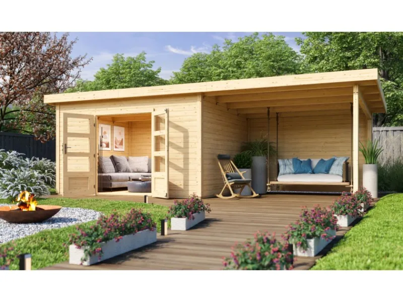 Karibu Gartenlauben|Holz-Gartenhaus Karlskoga 4 Natur Pultdach Unbehandelt 365 cm x 305 cm