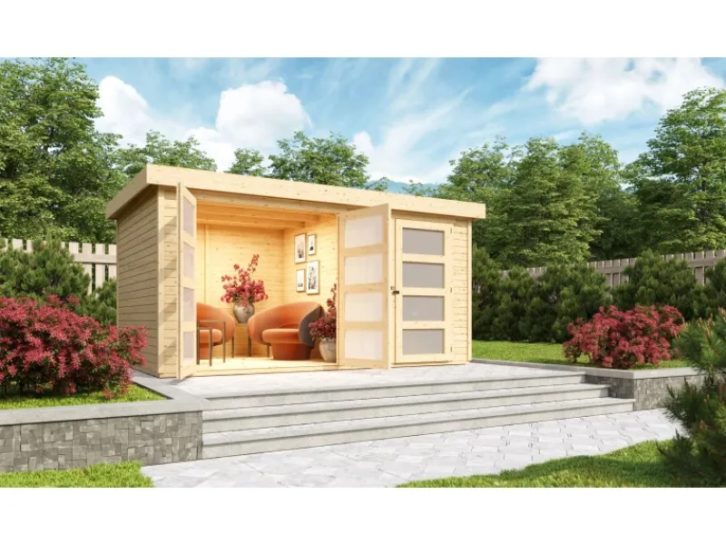 Karibu Gartenlauben|Holz-Gartenhaus Mühlenbach Natur Flachdach Unbehandelt 400 cm x 242 cm