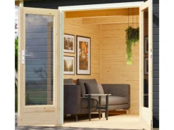 Holz-Gartenhaus Norrköping Terragrau Pultdach Lackiert 365 cm x 305 cm*Karibu