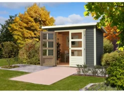 Karibu Gartenlauben|Holz-Gartenhaus Sitten Terragrau Pultdach Lackiert 242 cm x 242 cm