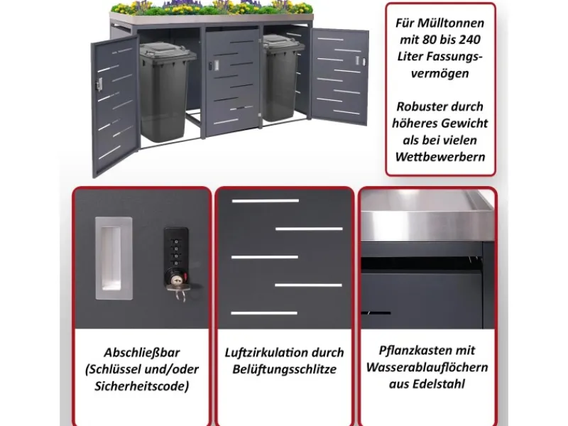 MCW Mülltonnenboxen|3er-Mülltonnenverkleidung H40 125x198x84cm Anthrazit
